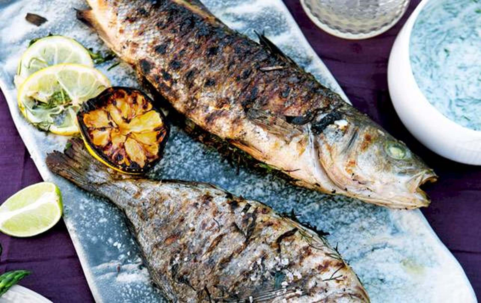skrivning Spanien forskel Hel grillet fisk med krydderurter og sauce verte - ALT.dk